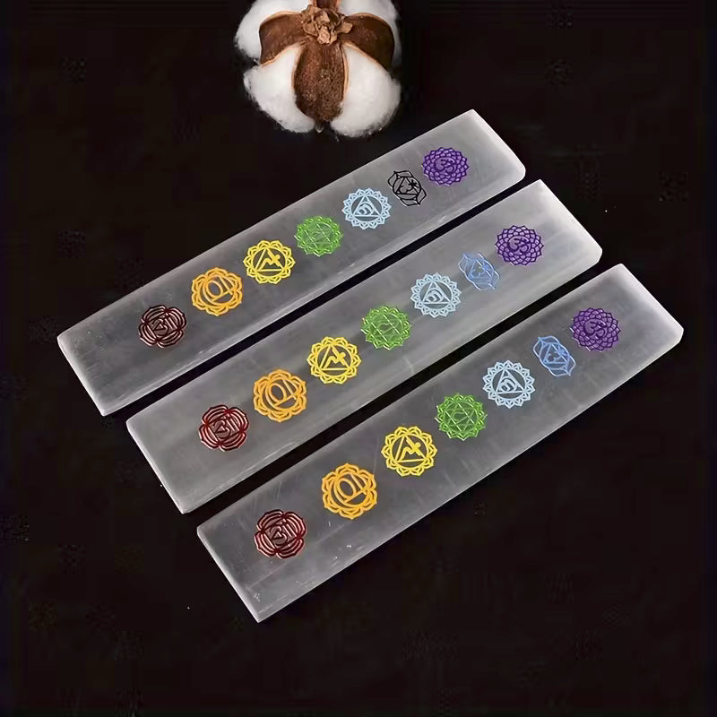 7 Chakra Selenite Charging Plate for Cleansing Crystals - Reset your vibe with the 7 Chakra Selenite Charging Plate. This authentic selenite bar cleanses & recharges crystals. Ideal for meditation, reiki & altar decor. Buy Now at Sacred Remedy