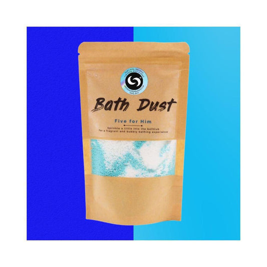 Five for Him Bath Dust | Masculine Scented Bath Bomb Alternative - The ultimate bath upgrade! Our Five for Him Bath Dust offers a bold, clean scent, fizzy blue water, and Shea Butter for soft, non-greasy skin. Perfect for men's self-care. Buy Now at Sacred Remedy