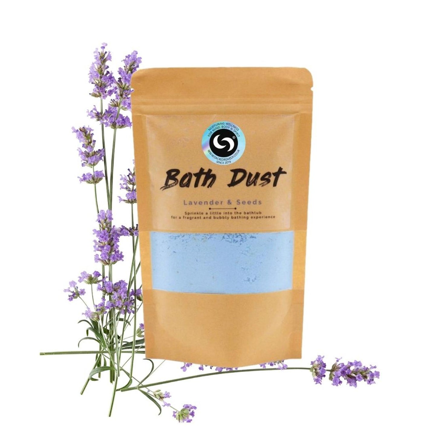 Lavender Bath Dust | Fun Fizzing Bath Bomb Alternative for Sleep - Unleash serious relaxation with our Lavender & Seeds Bath Dust! A fun, fizzing bath bomb alternative infused with Shea Butter for silky-soft skin & better sleep. Buy Now at Sacred Remedy