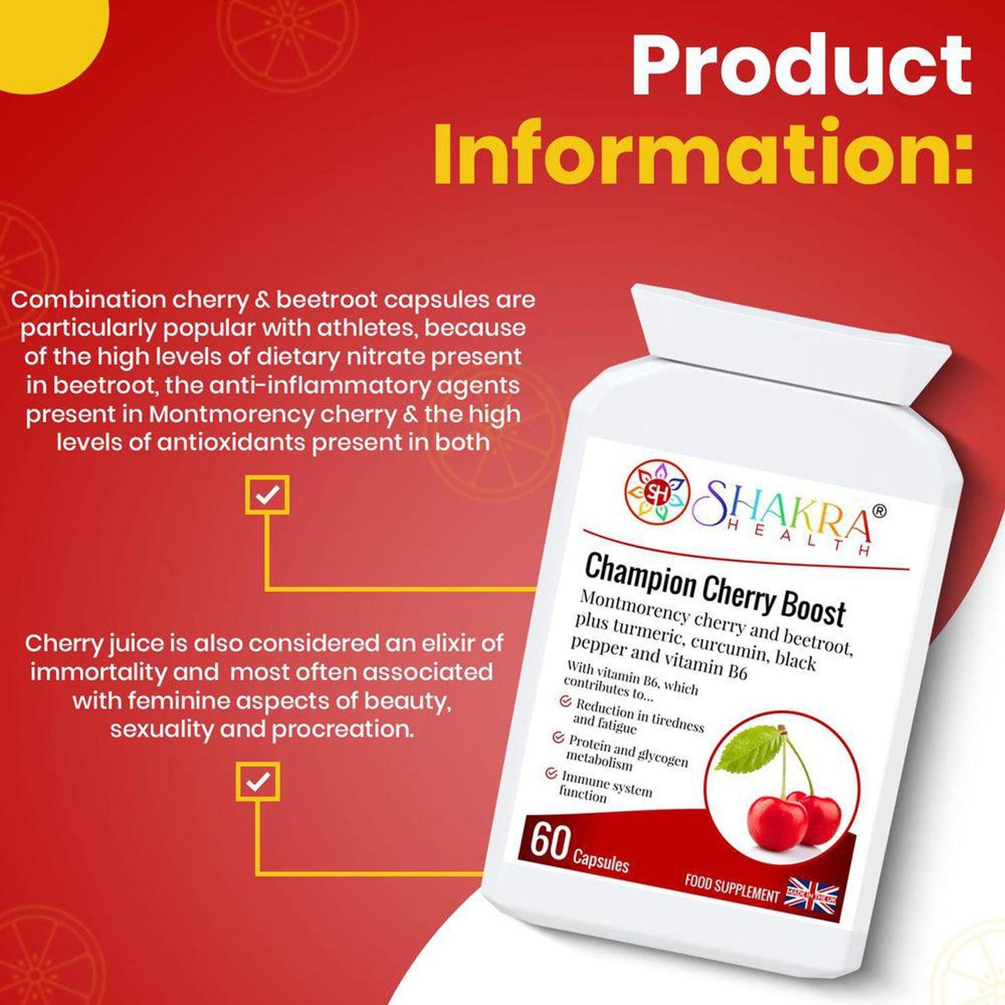 Champion Cherry Boost Capsules | Montmorency Cherry & Beetroot Formula, plus Nutritive Allies - Support for the reduction of tiredness and fatigue, energy-yielding metabolism, immunity, red blood cell formation, the nervous system, hormonal activity, Buy Now at Sacred Remedy