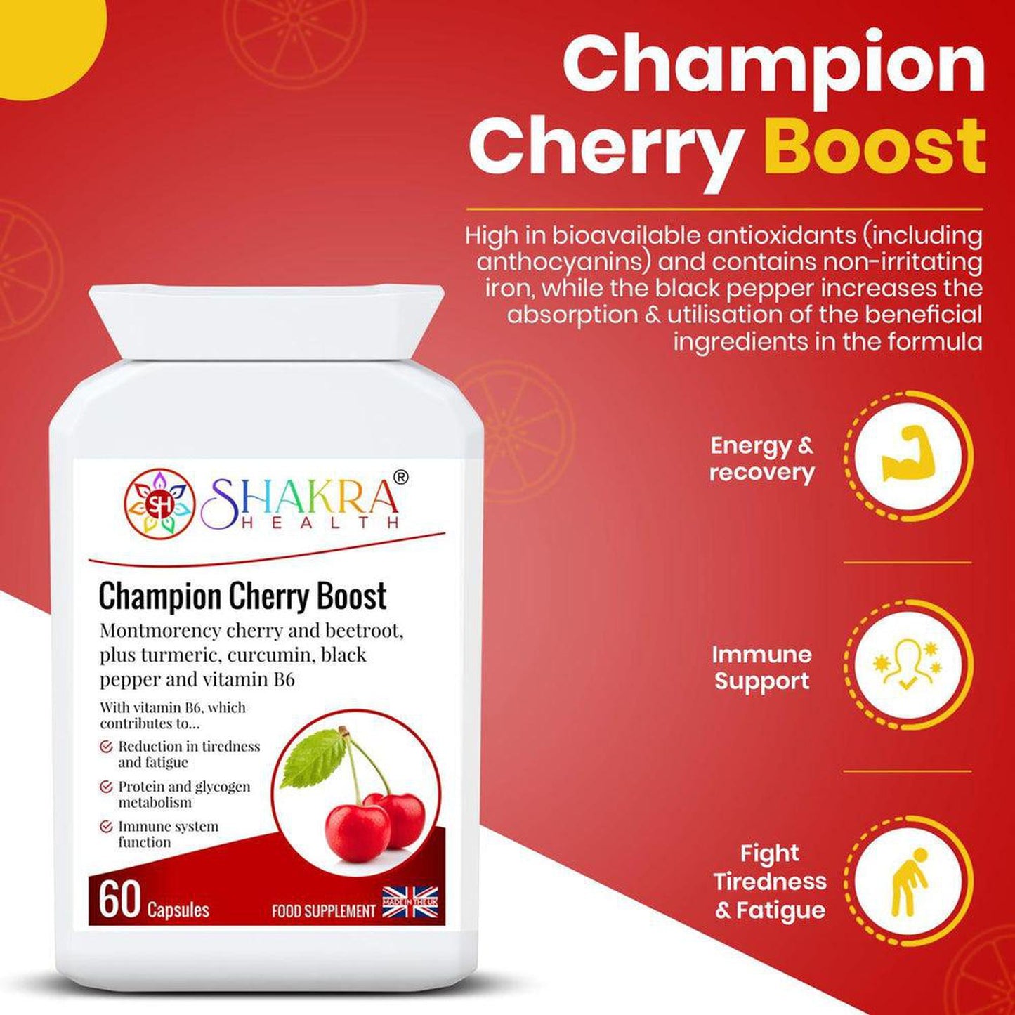 Champion Cherry Boost Capsules | Montmorency Cherry & Beetroot Formula, plus Nutritive Allies - Support for the reduction of tiredness and fatigue, energy-yielding metabolism, immunity, red blood cell formation, the nervous system, hormonal activity, Buy Now at Sacred Remedy