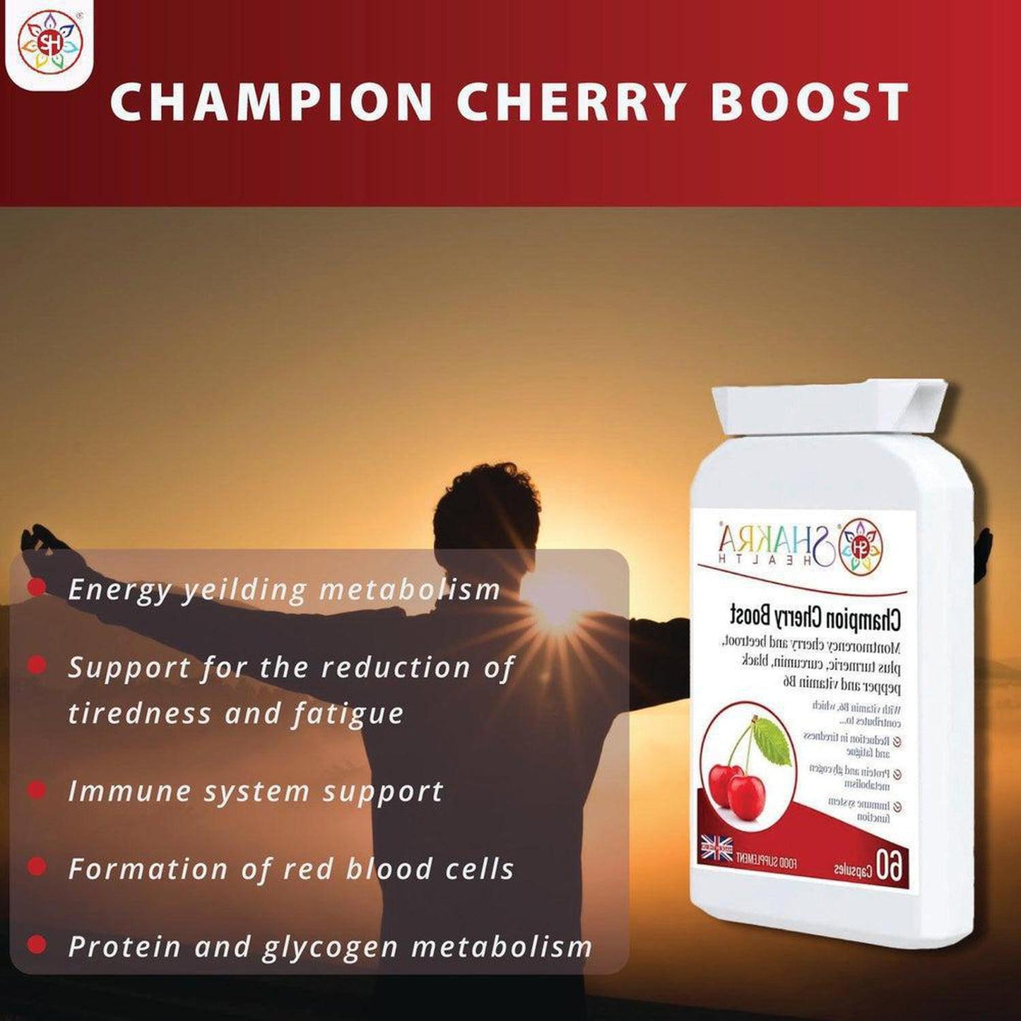 Champion Cherry Boost Capsules | Montmorency Cherry & Beetroot Formula, plus Nutritive Allies - Support for the reduction of tiredness and fatigue, energy-yielding metabolism, immunity, red blood cell formation, the nervous system, hormonal activity, Buy Now at Sacred Remedy
