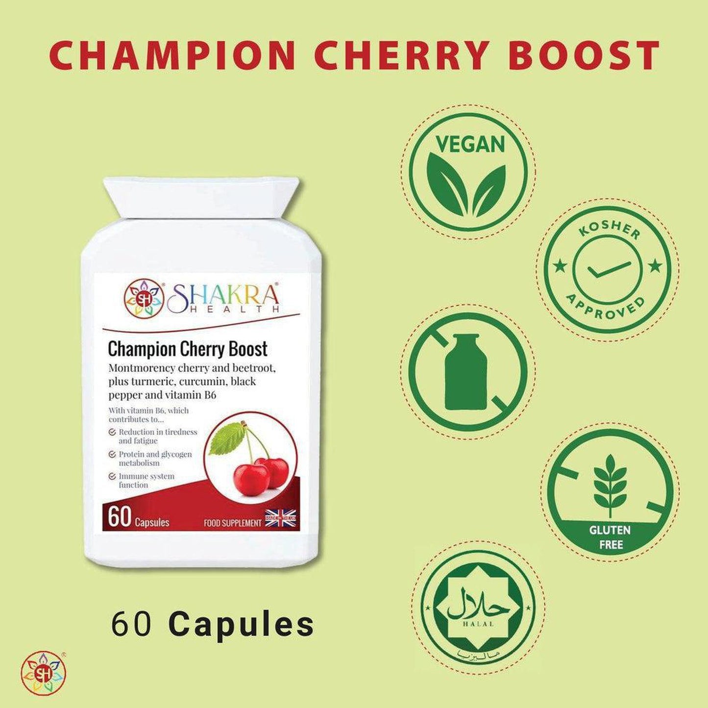Champion Cherry Boost Capsules | Montmorency Cherry & Beetroot Formula, plus Nutritive Allies - Support for the reduction of tiredness and fatigue, energy-yielding metabolism, immunity, red blood cell formation, the nervous system, hormonal activity, Buy Now at Sacred Remedy