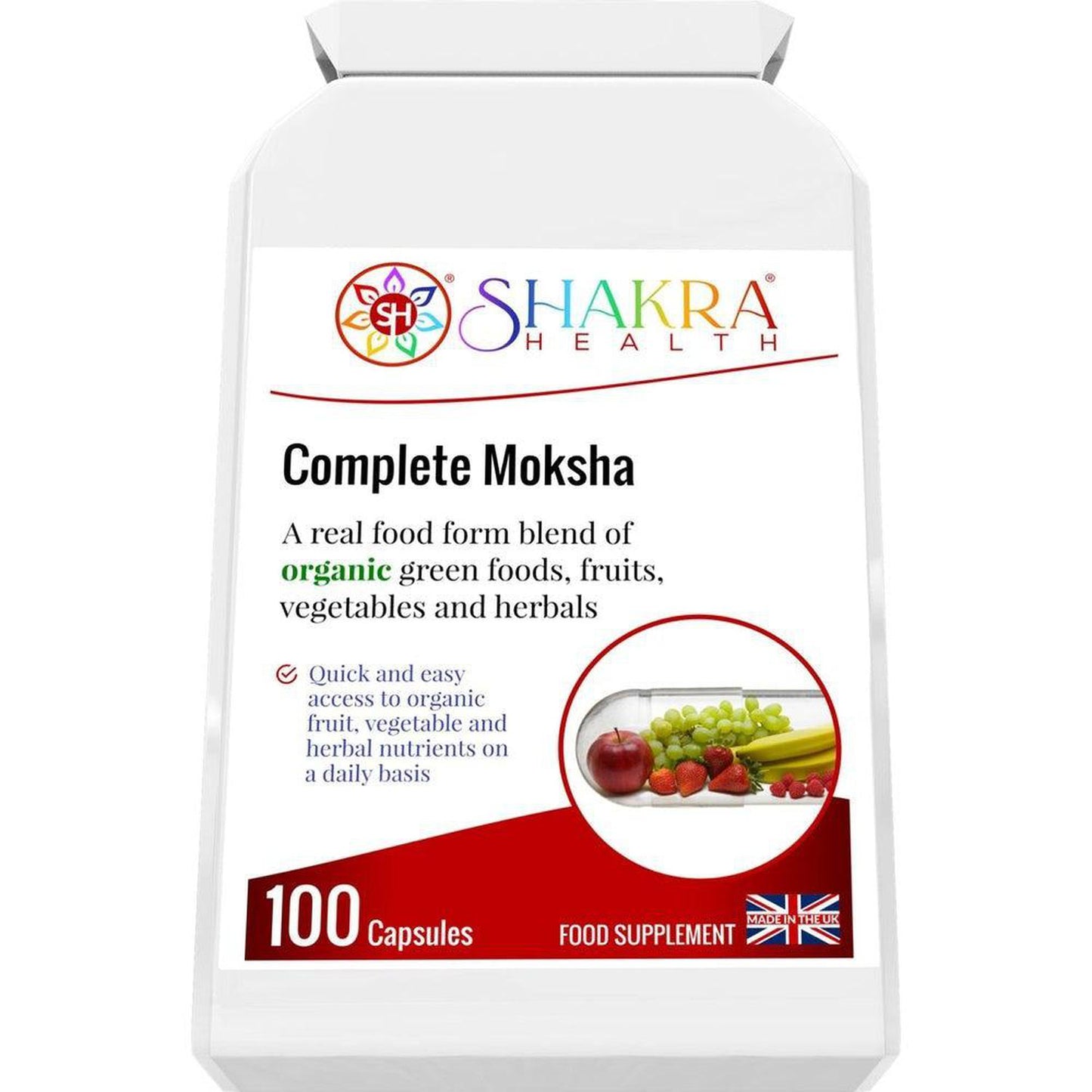 Complete Moksha the Organic Multi-Nutrient Superfood Supplement by Shakra Health UK - An organic food form blend of greens, vegetables, fruits, berries, herbs, mushrooms, sprouts and seeds PLUS bio-active enzymes – all in one easy-to-take daily capsule. Organic, vegan nutrition made easy. Buy Now at Sacred Remedy
