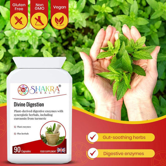 Divine Digestion | Anti-Spasmodic & Gut-Soothing - Support your second brain! High-strength digestive enzymes (Bromelain, Papain) with Turmeric & Ginger for gut health, nutrient absorption & a balanced Solar Plexus Buy Now at Sacred Remedy