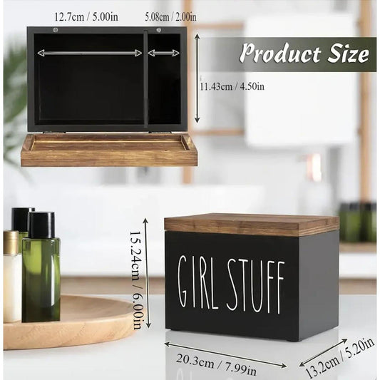 Discreet Wooden Feminine Hygiene Storage Box | Tampon & Pad Organizer - Shop this elegant wooden storage box for feminine hygiene. Discreetly stores tampons, pads, and liners. Features a hinged lid, sleek black finish, and subtle charm. Buy Now at Sacred Remedy