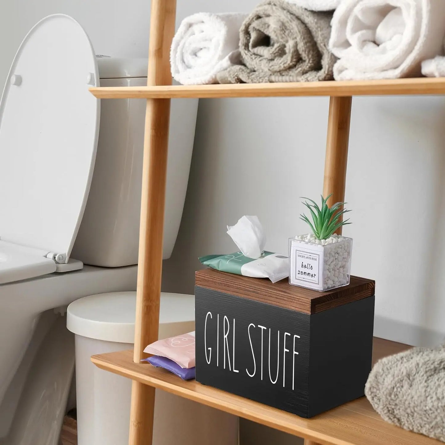 Discreet Wooden Feminine Hygiene Storage Box | Tampon & Pad Organizer - Shop this elegant wooden storage box for feminine hygiene. Discreetly stores tampons, pads, and liners. Features a hinged lid, sleek black finish, and subtle charm. Buy Now at Sacred Remedy