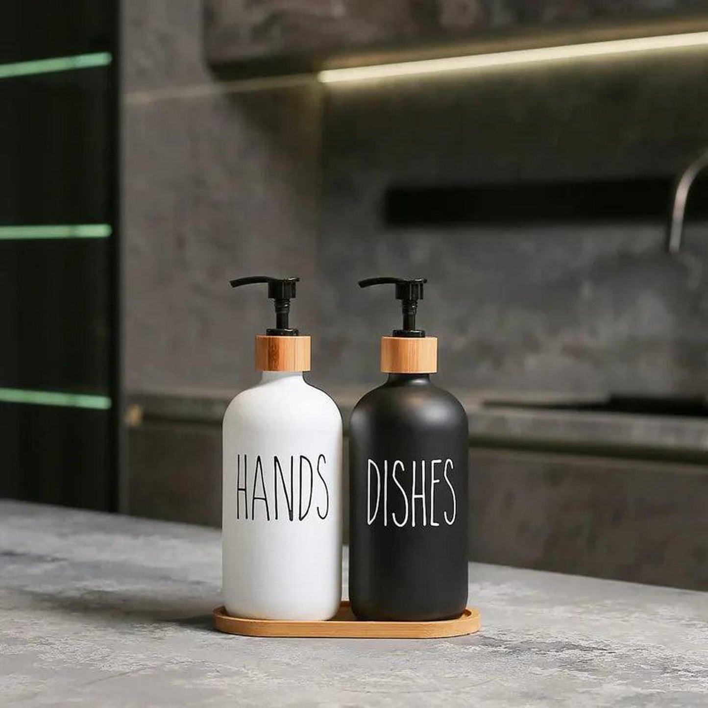 Hand & Dish Soap Dispenser Set | Bamboo Tray - Shop the Hand & Dish Soap Dispenser Set (500ml refillable bottles, bamboo tray). Stylish, eco-friendly solution for kitchen and bathroom organization. Buy Now at Sacred Remedy