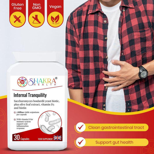 Internal Tranquility | Balance Gut Flora with Probiotic Yeast - Restore gut balance with 5 Billion S. Boulardii yeast probiotic. Supports immunity, soothes diarrhoea (incl. antibiotic related), and relieves bloating. Shelf-stable. Buy Now at Sacred Remedy