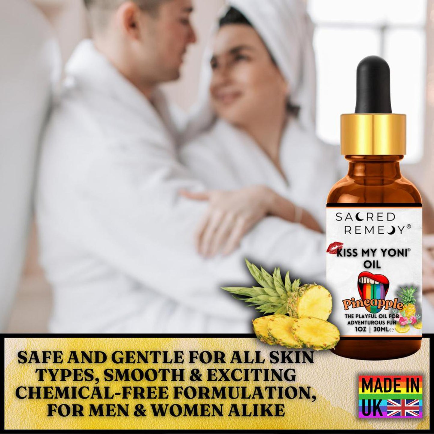 Kiss My Yoni Oil - Pineapple Edible Massage & Feminine Care - Pineapple Kiss My Yoni Oil. Edible, vegan, non-sticky massage oil & PH-Balanced Femme Oil for confident intimacy & self-care. Tropical fun and ultimate smoothness. Buy Now at Sacred Remedy