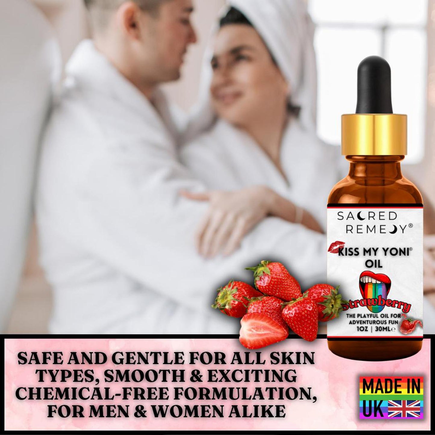 Kiss My Yoni Oil - Strawberry Edible Massage & Intimate Care - Delicious Strawberry Kiss My Yoni Oil. Edible, vegan, non-sticky massage oil & PH-Balanced for confident intimacy & self-care. LGBTQ+ inclusive. Buy Now at Sacred Remedy