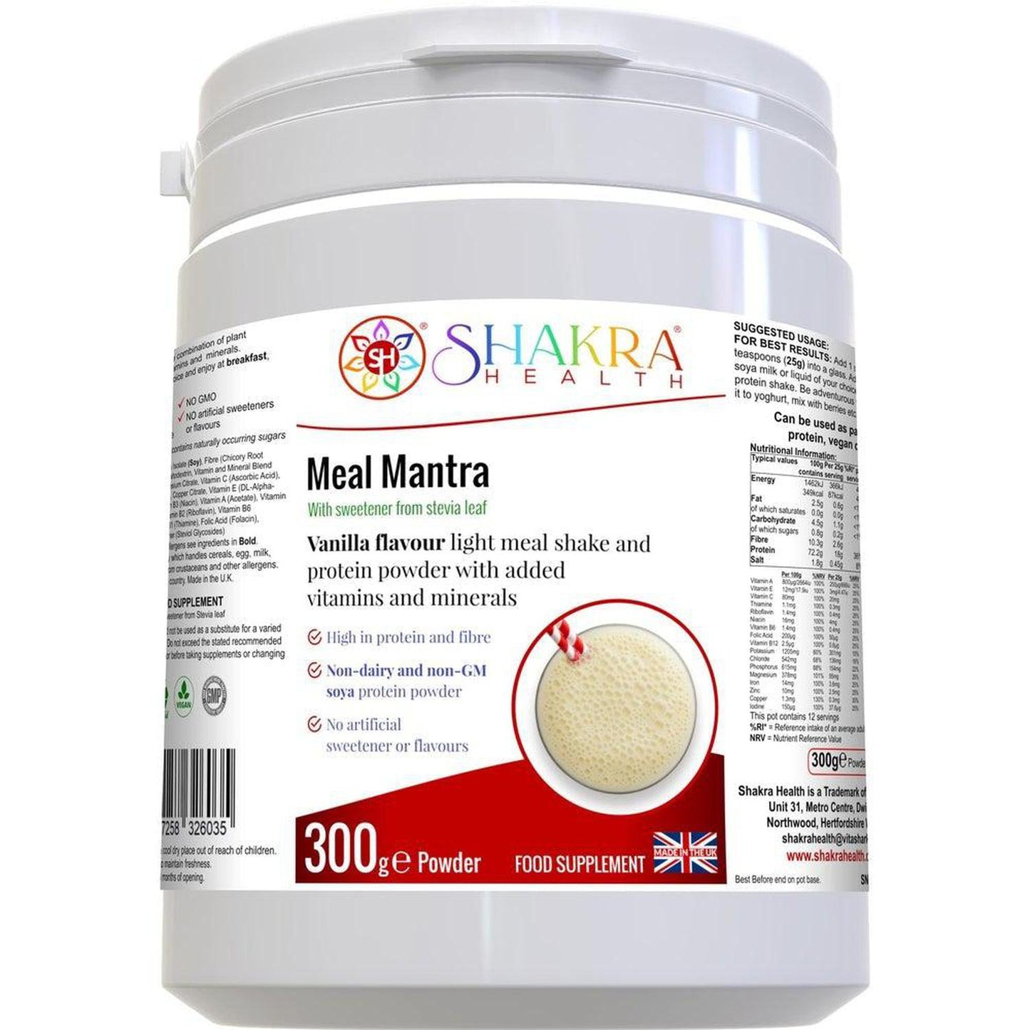 Vanilla Meal Replacement Protein Shake - Plant Based Powder - Nourish your body with our Vanilla Meal Replacement Shake. Fortified with vitamins, chicory root fibre, and non-GMO soya protein. Shop online now. Buy Now at Sacred Remedy