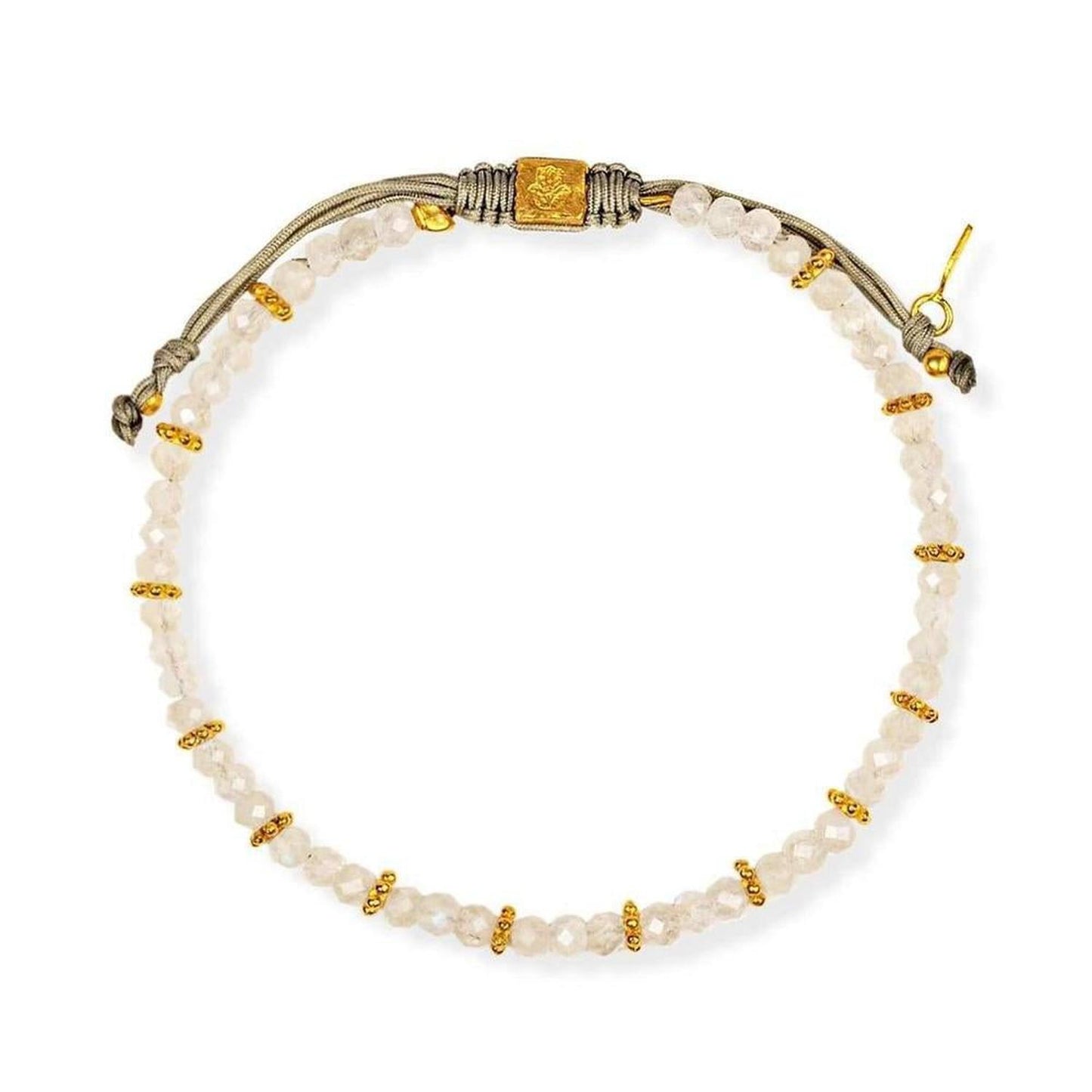 Moonstone Bracelet - Handmade Adjustable Crystal Beaded Jewelry - Harness lunar magic with this handmade Bali Moonstone bracelet. Features an adjustable cord and gold accents. Perfect for intuition and balance. Buy Now at Sacred Remedy