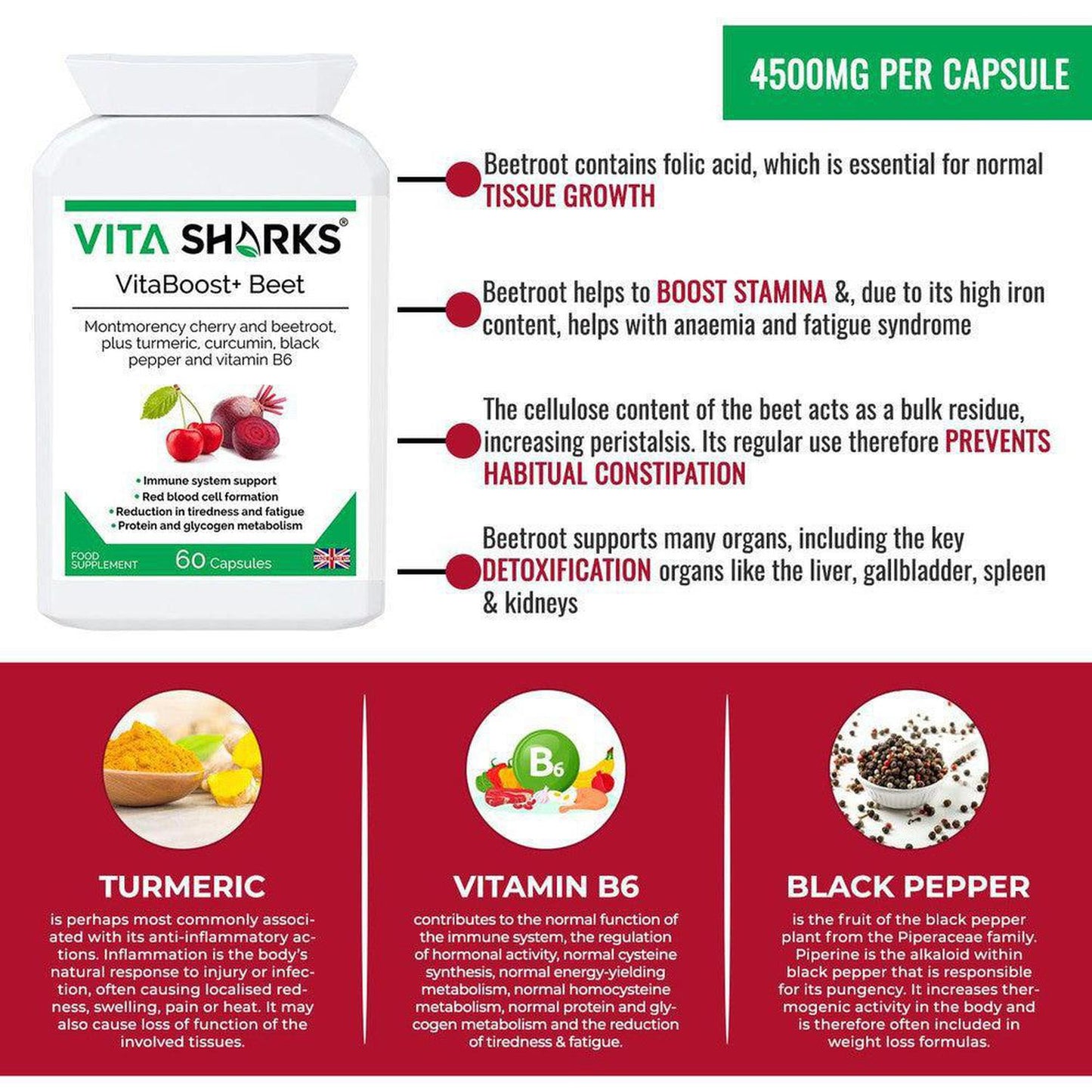 VitaBoost+ Beet | Montmorency Cherry & Beetroot Forrmula Antioxidant Supplement - A supplement high in bioavailable antioxidants (including anthocyanins) containing non-irritating iron; with black pepper increasing absorption and utilisation of the beneficial ingredients in the formula. Supporting the reduction of tiredness and fatigue, energy-yielding metabolism, immunity, red blood cell formation. Buy Now at Sacred Remedy