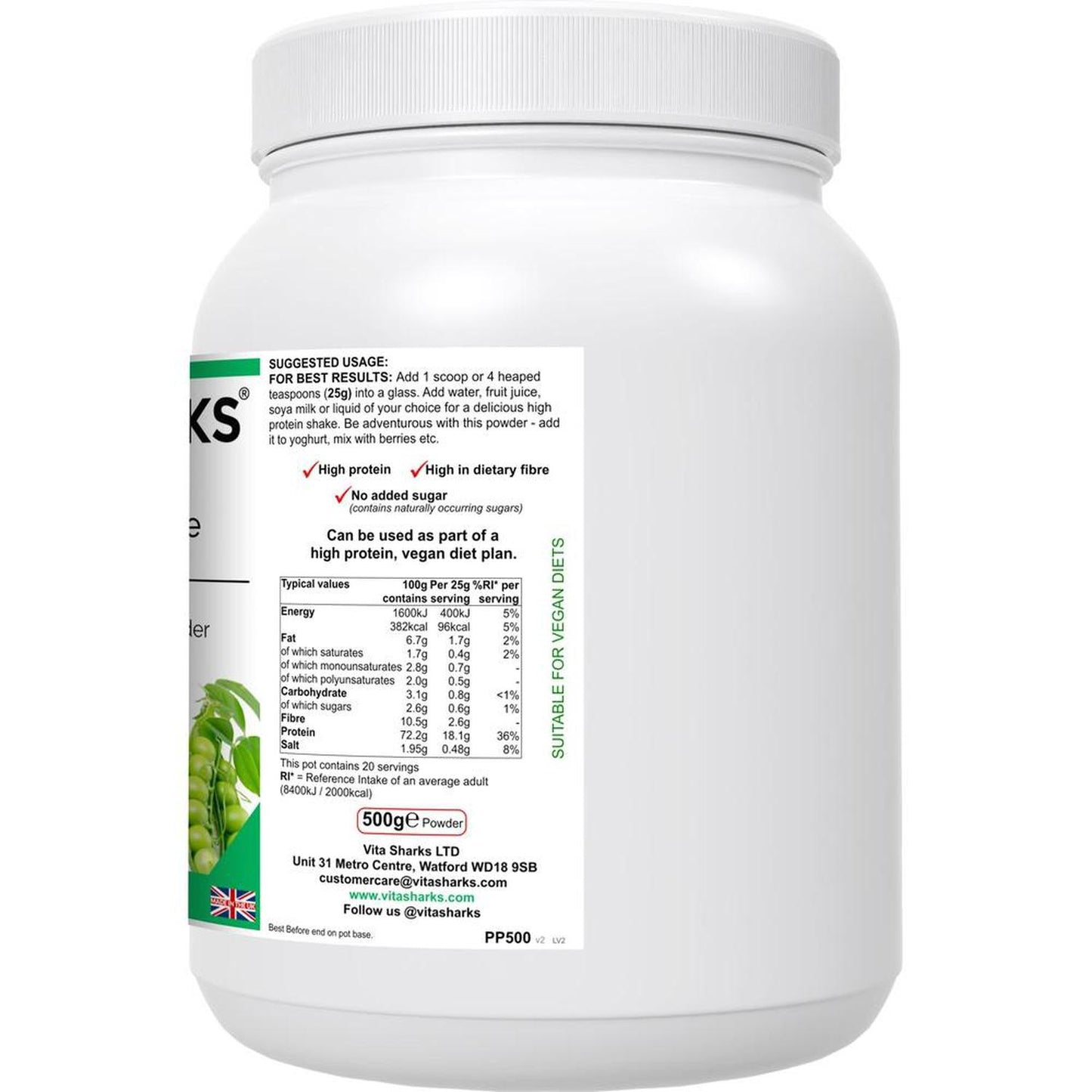 VitaNourish Power Pea Shake | Protein Shake with Nutrient Dense Superfoods & Phyto-Nutrients - A high quality pea protein powder (from snap peas), blended with a range of other nutrient-dense superfoods and herbs for added antioxidants, fibre and phyto-nutrients. This unique formula contains a concentrated level of pea protein - from the 6% found in fresh peas up to around 80% providing 72.2g of protein per 100g Buy Now at Sacred Remedy