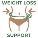 Illustration of a waist with a green ribbon and arrows pointing towards it, labeled 'Weight Loss Support' on a white background.