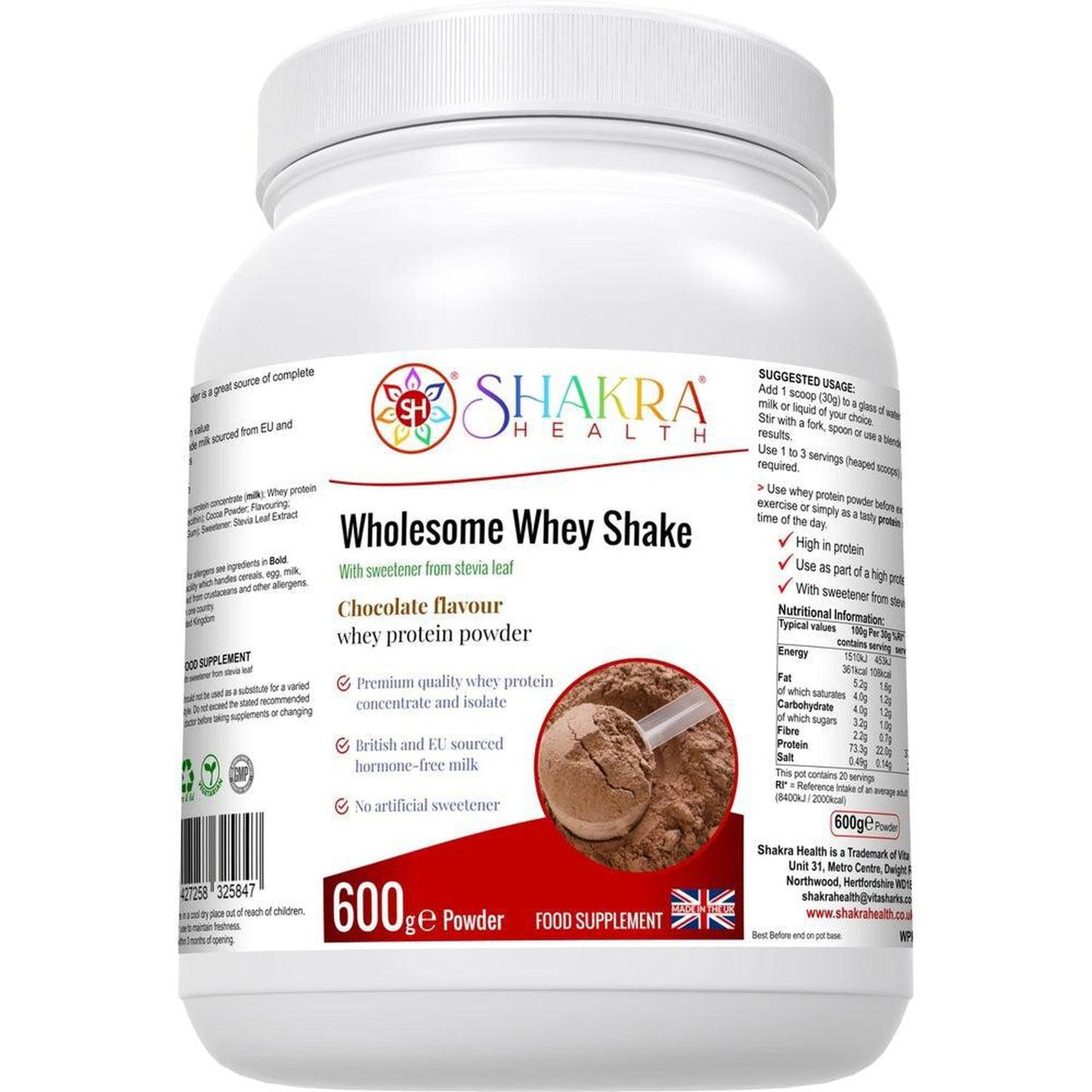 Wholesome Whey Protein Shake (Chocolate) Premium Quality Concentrate & Isolate - Made with easy-to-digest whey protein concentrate and isolate, our Wholesome Whey Shake (Chocolate) is perfect for post-workout recovery or as a healthy snack anytime of day. It's also hormone-free, non-GMO, and gluten-free, making it a great choice for those with dietary restrictions. Buy Now at Sacred Remedy