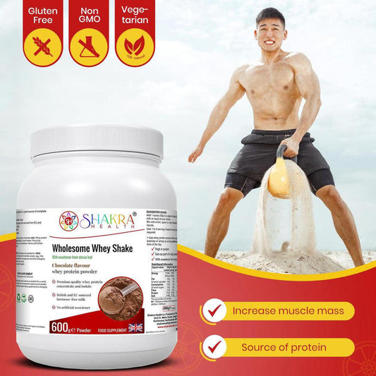Wholesome Whey Protein Shake (Chocolate) Premium Quality Concentrate & Isolate - Made with easy-to-digest whey protein concentrate and isolate, our Wholesome Whey Shake (Chocolate) is perfect for post-workout recovery or as a healthy snack anytime of day. It's also hormone-free, non-GMO, and gluten-free, making it a great choice for those with dietary restrictions. Buy Now at Sacred Remedy