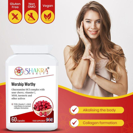 Worship Worthy | Bone, Joint, Cartilage & Connective Tissue Formula - Vegan joint support complex with Glucosamine, MSM, Turmeric (Curcumin) & Vitamin C. Promotes collagen, hair, skin, nails, and an active, pain-free lifestyle. Buy Now at Sacred Remedy