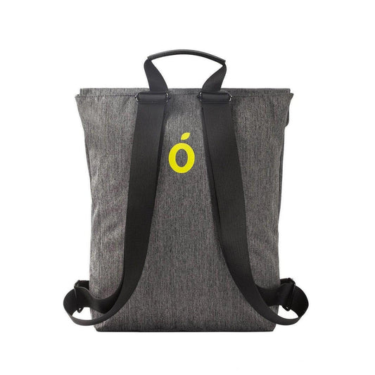 Minimalist 9.5L black everyday backpack with a textured fabric finish, top handle, and a bright yellow logo emblem.