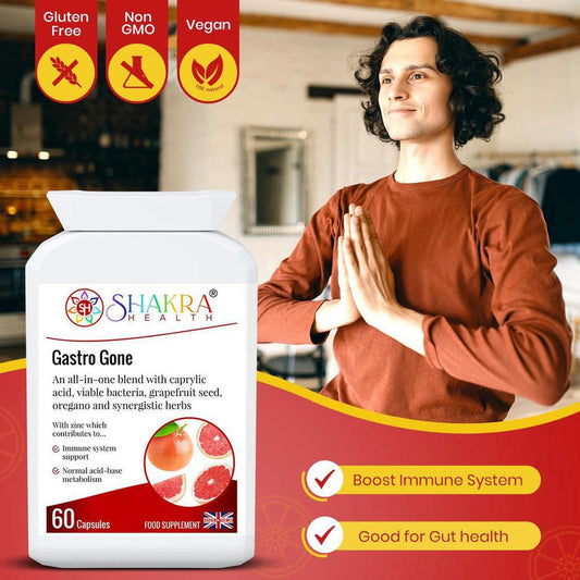 White bottle of Gastro Gone capsules with a label featuring grapefruit imagery and a man meditating in the background.