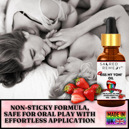 Amber 30ml dropper bottle of Kiss My Yoni Strawberry Oil with fresh strawberries against a romantic black-and-white background.