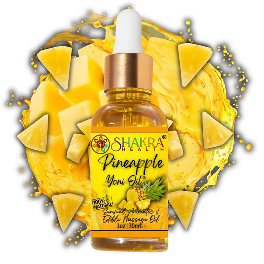 30ml bottle of Shakra Health pineapple yoni oil with a gold dropper, surrounded by pineapple slices and golden liquid splashes.