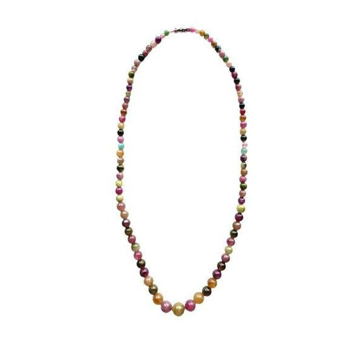 Multi-colour tourmaline bead necklace featuring natural gemstone spheres in earthy hues on a simple strand.