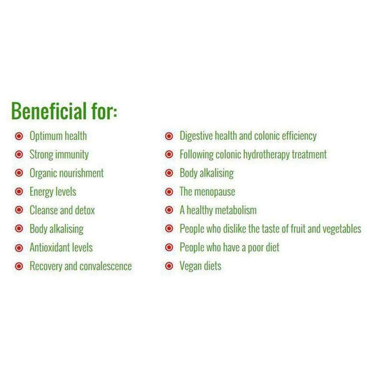 VitaNourish Organic benefits list with green text and red bullet points on a clean white background.