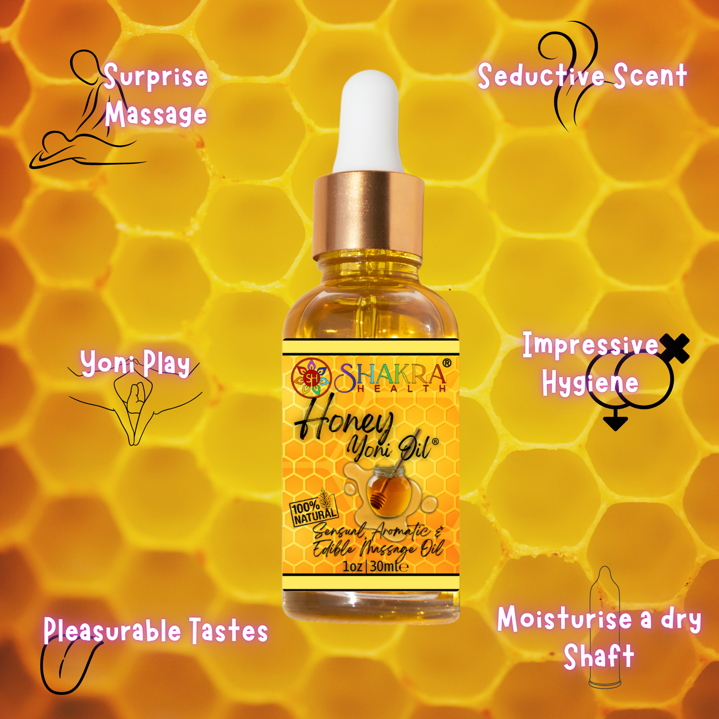 Buy Honey Flavoured Yoni Oil. Natural, Vegan Body Care. - Unleash your confidence with our luxurious LGBTQ+ gender neutral, pH balanced & moisturising, edible Yoni Oil. Celebrate your body with our unique, inclusive, organic product. Discover the secret to ultimate comfort, massage, relaxation & pleasure in this versatile oil. Experience pure bliss. at Sacred Remedy Online