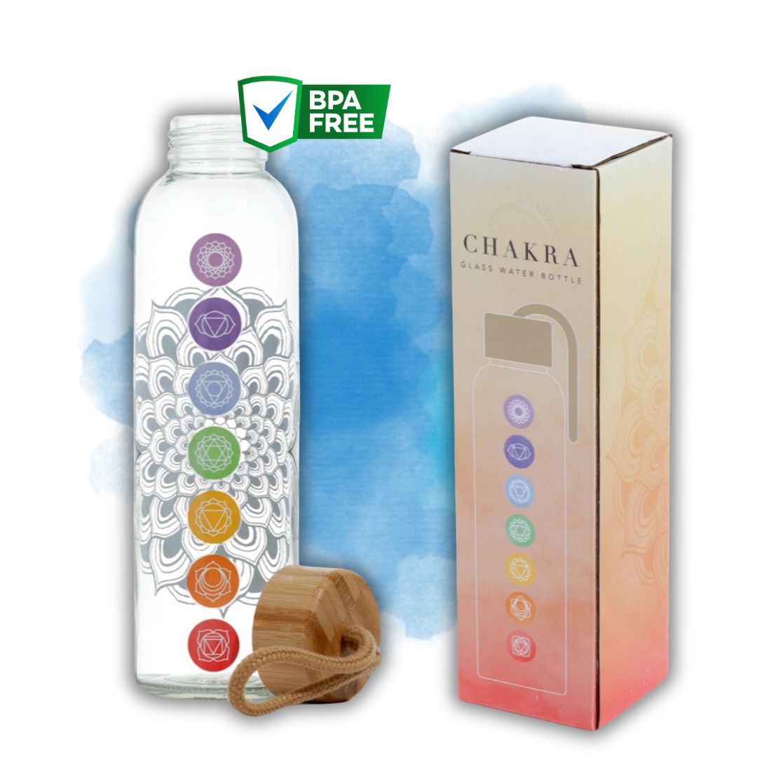 Buy Balance Your Chakras: 500ml BPA Free Glass Water Bottle - 500ml Reusable Glass Water Bottle with 7 Chakra Symbols and Bamboo Lid. Stay hydrated in style with this eco-friendly and empowering water bottle. Enjoy the purity of glass, the beauty of chakra symbols, and the sustainability of bamboo. Perfect for yoga, meditation, or everyday use. BPA-free and leak-proof. at Sacred Remedy Online