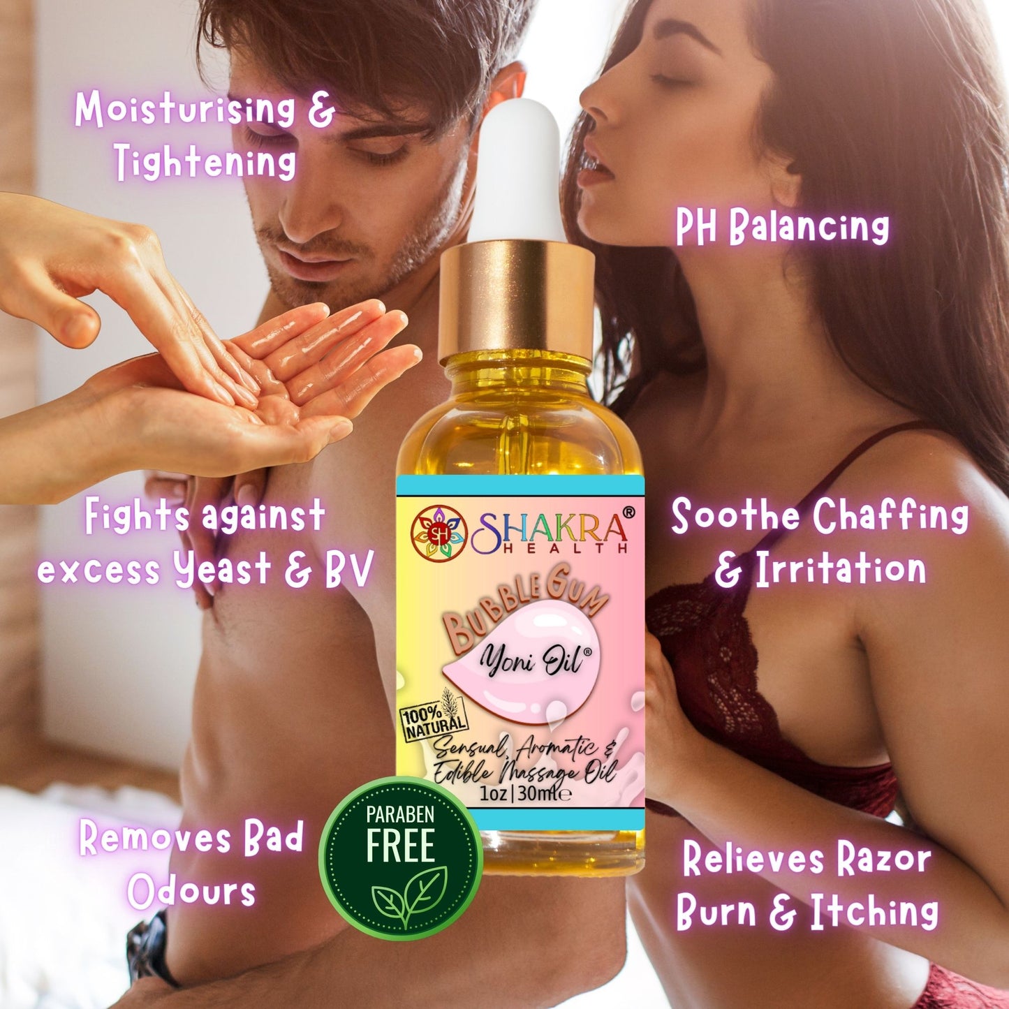 Buy Bubblegum Flavoured Yoni Oil. Natural, Vegan Body Care. - Unleash your confidence with our luxurious LGBTQ+ gender neutral, pH balanced & moisturising, edible Yoni Oil. Celebrate your body with our unique, inclusive, organic product. Discover the secret to ultimate comfort, massage, relaxation & pleasure in this versatile oil. Experience pure bliss. at Sacred Remedy Online