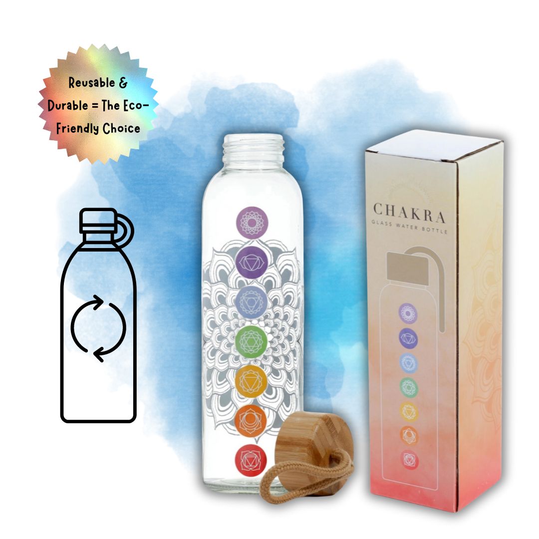 Buy Balance Your Chakras: 500ml BPA Free Glass Water Bottle - 500ml Reusable Glass Water Bottle with 7 Chakra Symbols and Bamboo Lid. Stay hydrated in style with this eco-friendly and empowering water bottle. Enjoy the purity of glass, the beauty of chakra symbols, and the sustainability of bamboo. Perfect for yoga, meditation, or everyday use. BPA-free and leak-proof. at Sacred Remedy Online