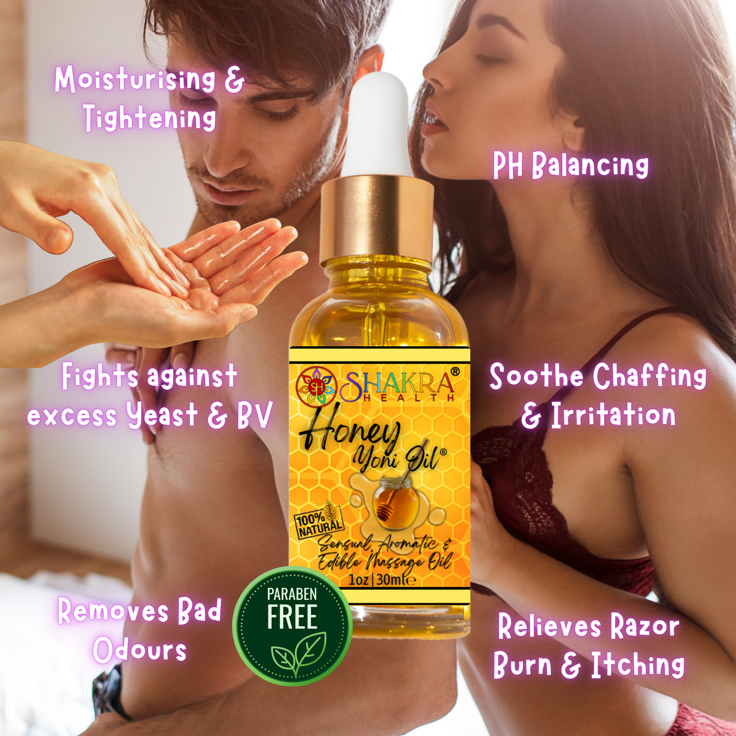 Buy Honey Flavoured Yoni Oil. Natural, Vegan Body Care. - Unleash your confidence with our luxurious LGBTQ+ gender neutral, pH balanced & moisturising, edible Yoni Oil. Celebrate your body with our unique, inclusive, organic product. Discover the secret to ultimate comfort, massage, relaxation & pleasure in this versatile oil. Experience pure bliss. at Sacred Remedy Online