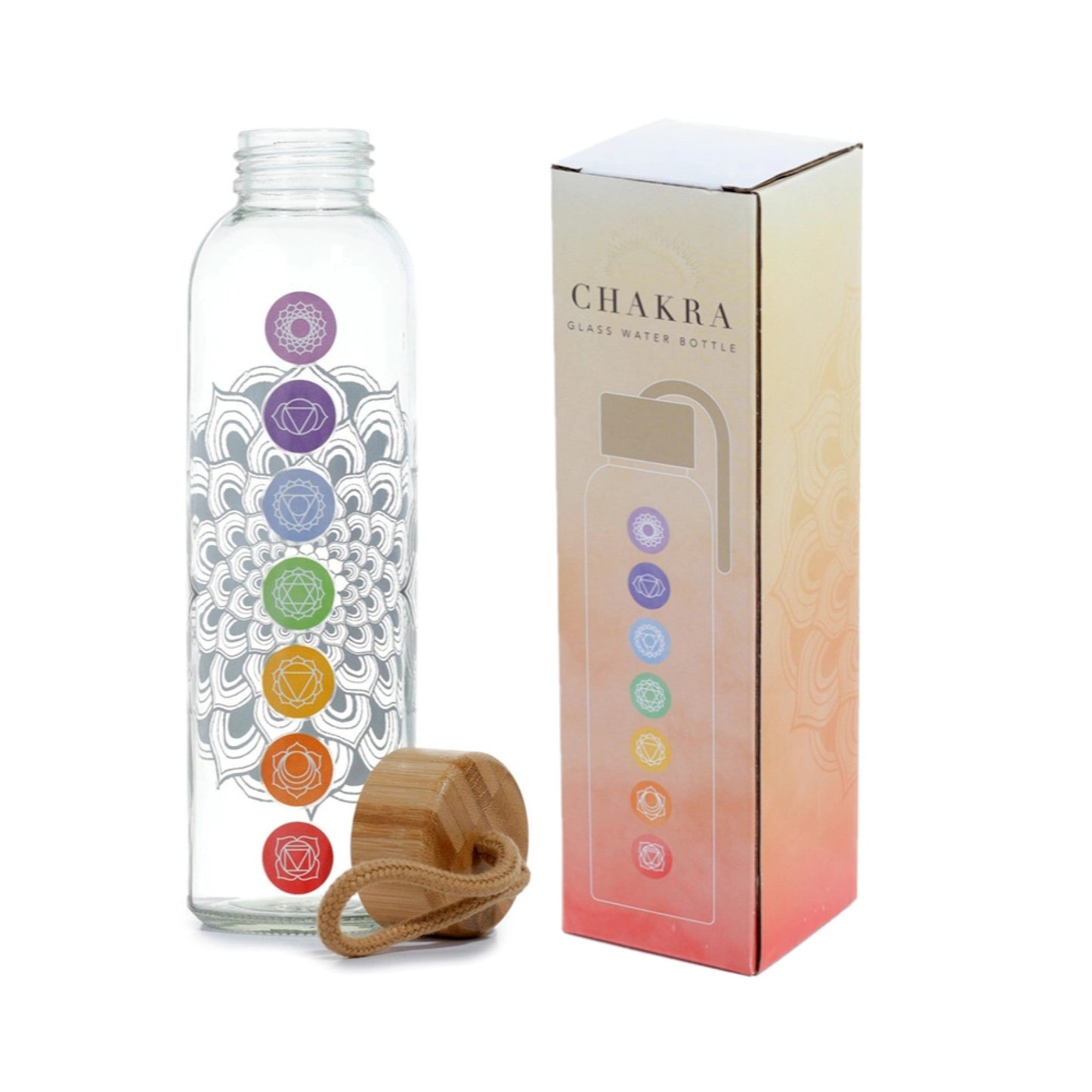 Buy Balance Your Chakras: 500ml BPA Free Glass Water Bottle - 500ml Reusable Glass Water Bottle with 7 Chakra Symbols and Bamboo Lid. Stay hydrated in style with this eco-friendly and empowering water bottle. Enjoy the purity of glass, the beauty of chakra symbols, and the sustainability of bamboo. Perfect for yoga, meditation, or everyday use. BPA-free and leak-proof. at Sacred Remedy Online