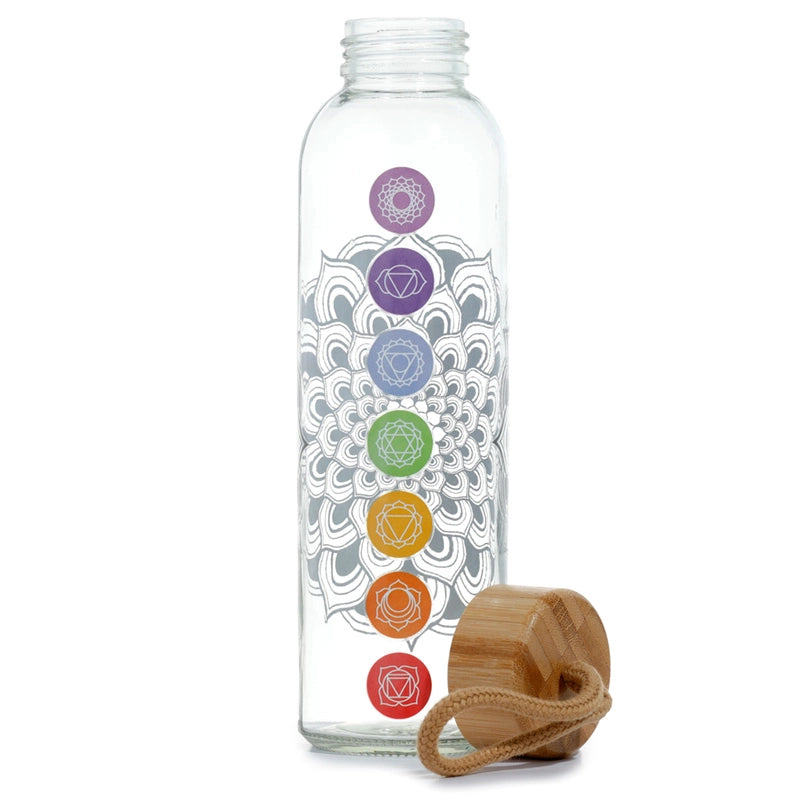 Buy Balance Your Chakras: 500ml BPA Free Glass Water Bottle - 500ml Reusable Glass Water Bottle with 7 Chakra Symbols and Bamboo Lid. Stay hydrated in style with this eco-friendly and empowering water bottle. Enjoy the purity of glass, the beauty of chakra symbols, and the sustainability of bamboo. Perfect for yoga, meditation, or everyday use. BPA-free and leak-proof. at Sacred Remedy Online