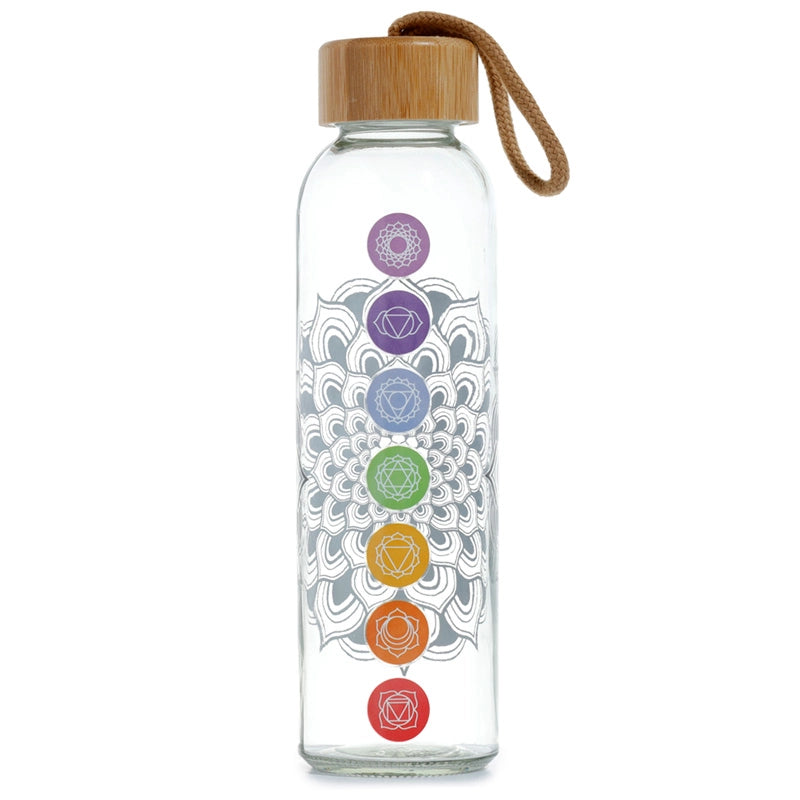 Buy Balance Your Chakras: 500ml BPA Free Glass Water Bottle - 500ml Reusable Glass Water Bottle with 7 Chakra Symbols and Bamboo Lid. Stay hydrated in style with this eco-friendly and empowering water bottle. Enjoy the purity of glass, the beauty of chakra symbols, and the sustainability of bamboo. Perfect for yoga, meditation, or everyday use. BPA-free and leak-proof. at Sacred Remedy Online