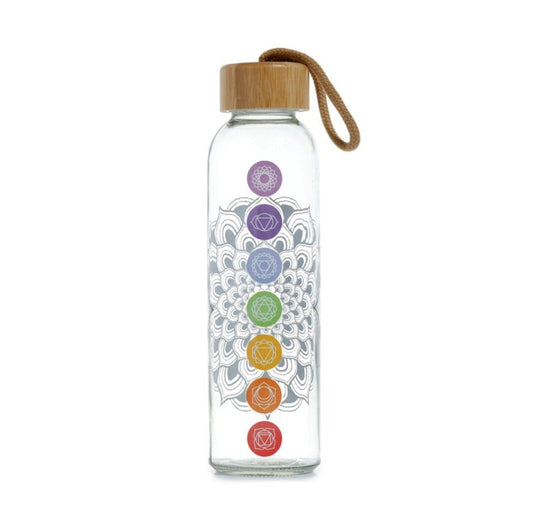 Buy Balance Your Chakras: 500ml BPA Free Glass Water Bottle - 500ml Reusable Glass Water Bottle with 7 Chakra Symbols and Bamboo Lid. Stay hydrated in style with this eco-friendly and empowering water bottle. Enjoy the purity of glass, the beauty of chakra symbols, and the sustainability of bamboo. Perfect for yoga, meditation, or everyday use. BPA-free and leak-proof. at Sacred Remedy Online