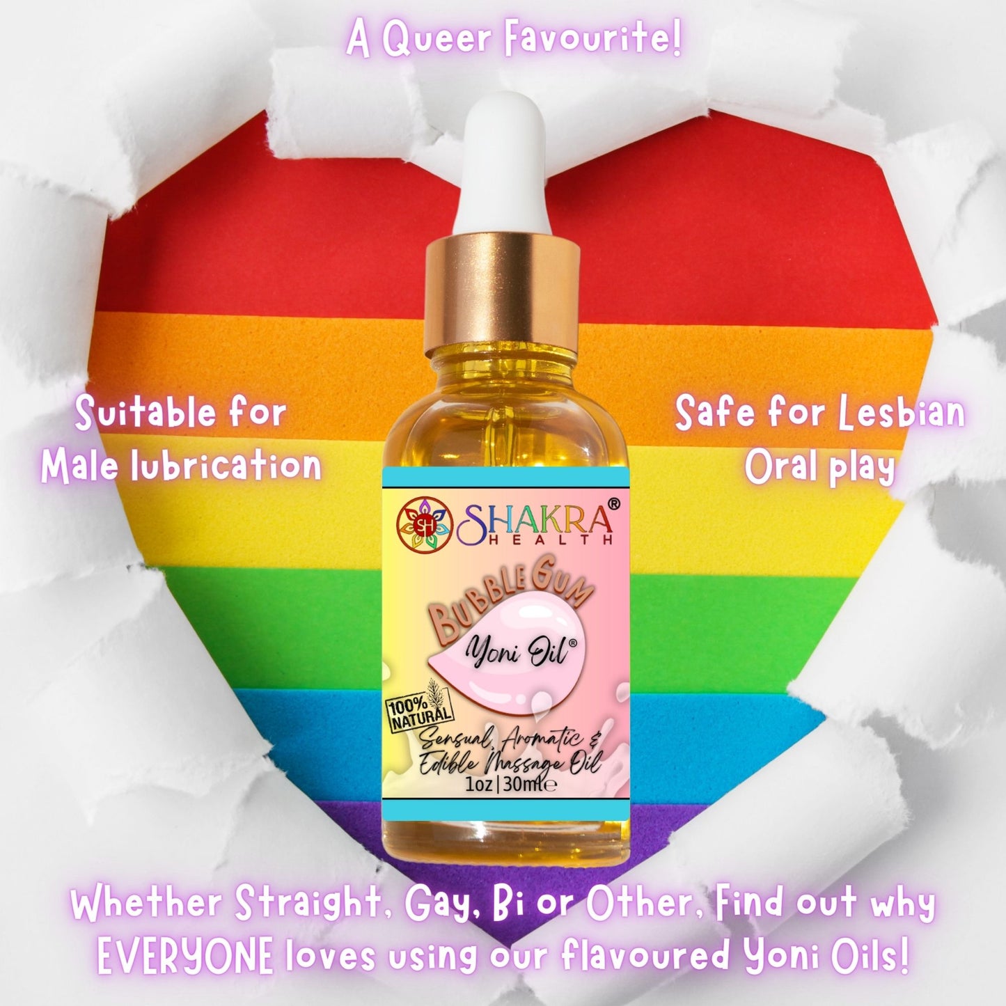 Buy Bubblegum Flavoured Yoni Oil. Natural, Vegan Body Care. - Unleash your confidence with our luxurious LGBTQ+ gender neutral, pH balanced & moisturising, edible Yoni Oil. Celebrate your body with our unique, inclusive, organic product. Discover the secret to ultimate comfort, massage, relaxation & pleasure in this versatile oil. Experience pure bliss. at Sacred Remedy Online