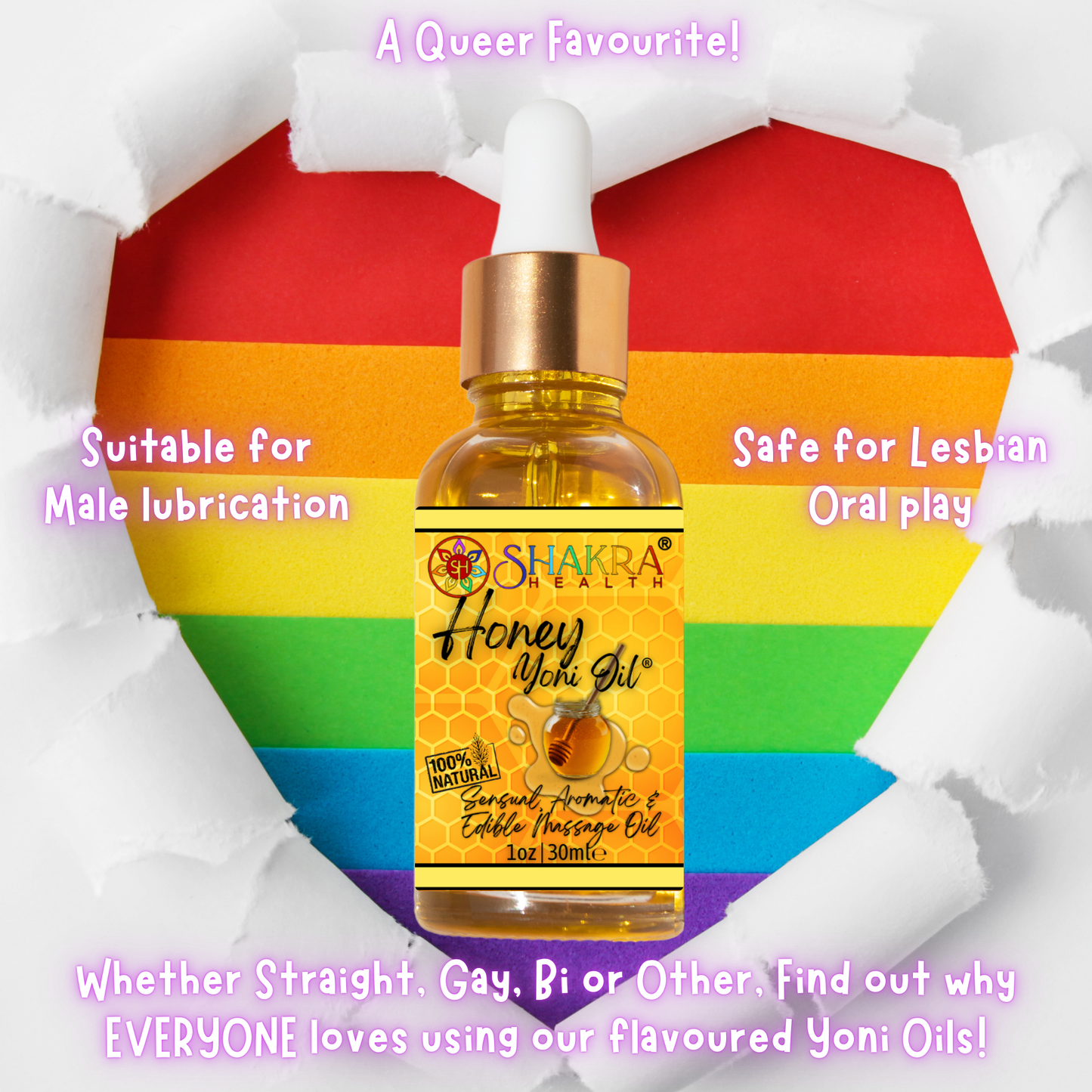 Buy Honey Flavoured Yoni Oil. Natural, Vegan Body Care. - Unleash your confidence with our luxurious LGBTQ+ gender neutral, pH balanced & moisturising, edible Yoni Oil. Celebrate your body with our unique, inclusive, organic product. Discover the secret to ultimate comfort, massage, relaxation & pleasure in this versatile oil. Experience pure bliss. at Sacred Remedy Online