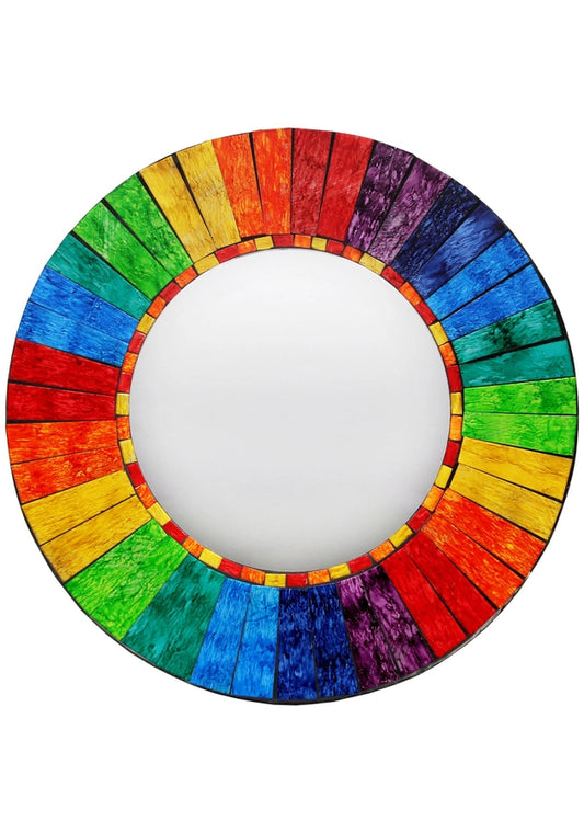 Round Rainbow Mosaic Wall Mirror | Colorful Glass Tile Decor - Eye-Catching Bohemian Chic, Home/Bathroom Decor. Beautiful 40x40cm Entryway Mirror. Handmade in Bali. Great Gift Idea. Celebrate Pride. Buy Now at Sacred Remedy