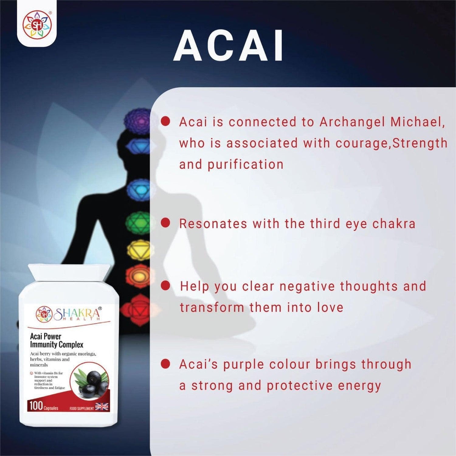 Acai Power Immunity Complex Capsules | Third Eye Chakra Support - Experience holistic health with our Acai Power Immunity Complex. This unique formula combines the antioxidant power of acai berries with targeted support for your immune system and third eye chakra. Enhance your overall well-being with this natural supplement. Buy Now at Sacred Remedy