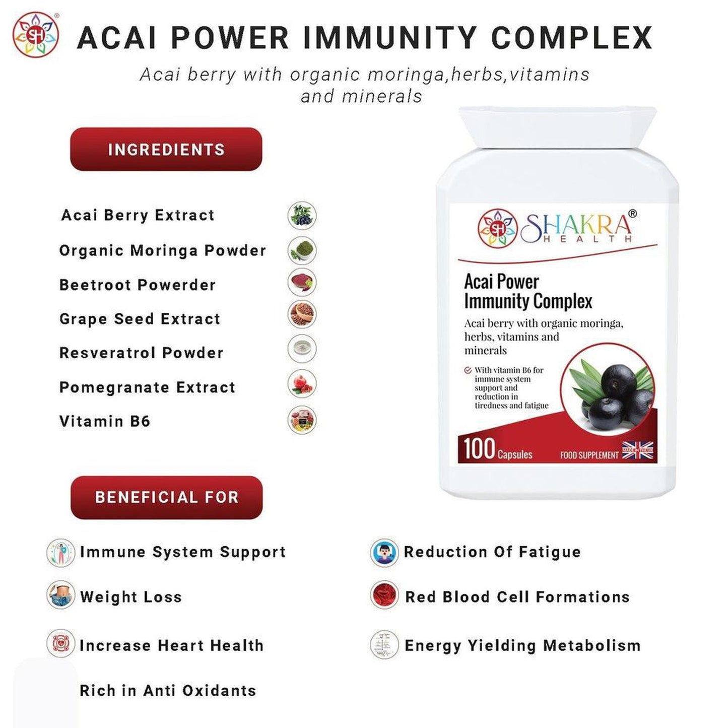 Buy Acai Power Immunity Complex Capsules | Third Eye Chakra Support - Experience holistic health with our Acai Power Immunity Complex. This unique formula combines the antioxidant power of acai berries with targeted support for your immune system and third eye chakra. Enhance your overall well-being with this natural supplement. at Sacred Remedy Online