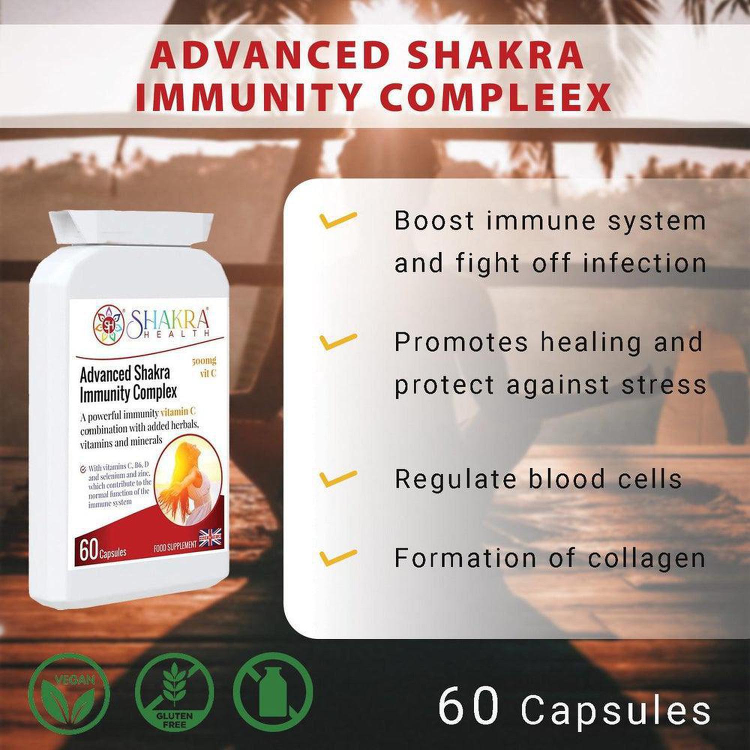 20+ Actives; High-Dose Vitamin C | Advanced Shakra Immunity Complex - Equip your body with the Sacred Shield: a potent immunity formula. Features 512mg high-dose Vitamin C and 20+ herbal actives for powerful anti-stress and full-system wellness support. Buy Now at Sacred Remedy