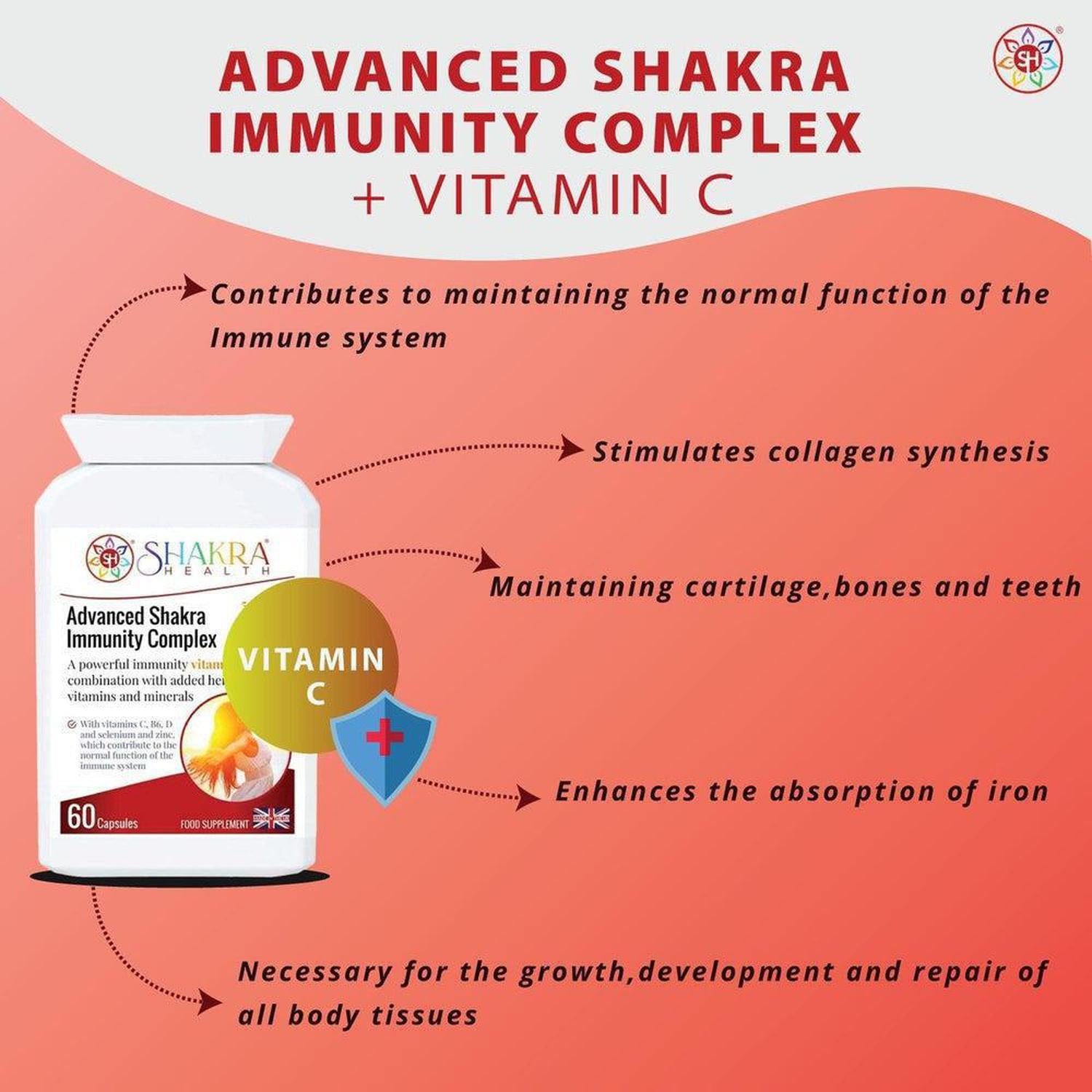 20+ Actives; High-Dose Vitamin C | Advanced Shakra Immunity Complex - Equip your body with the Sacred Shield: a potent immunity formula. Features 512mg high-dose Vitamin C and 20+ herbal actives for powerful anti-stress and full-system wellness support. Buy Now at Sacred Remedy