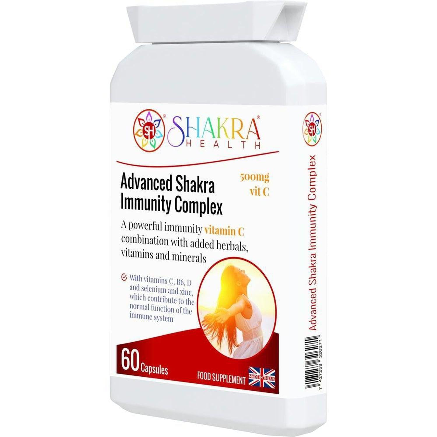20+ Actives; High-Dose Vitamin C | Advanced Shakra Immunity Complex - Equip your body with the Sacred Shield: a potent immunity formula. Features 512mg high-dose Vitamin C and 20+ herbal actives for powerful anti-stress and full-system wellness support. Buy Now at Sacred Remedy