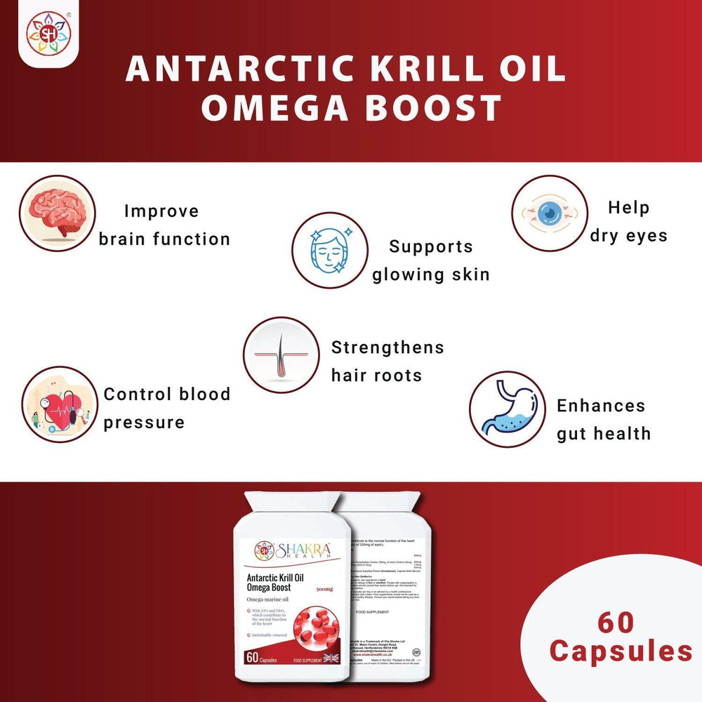 Buy Antarctic Krill Oil Omega Boost Capsules - A Source of Omega 3 - Experience the ocean's bounty with Antarctic Krill Oil Omega Boost Capsules. Packed with essential omega-3 fatty acids, this supplement may support heart health, brain function, and joint comfort. Our pure krill oil formula offers potential absorption benefits compared to traditional fish oil. at Sacred Remedy Online