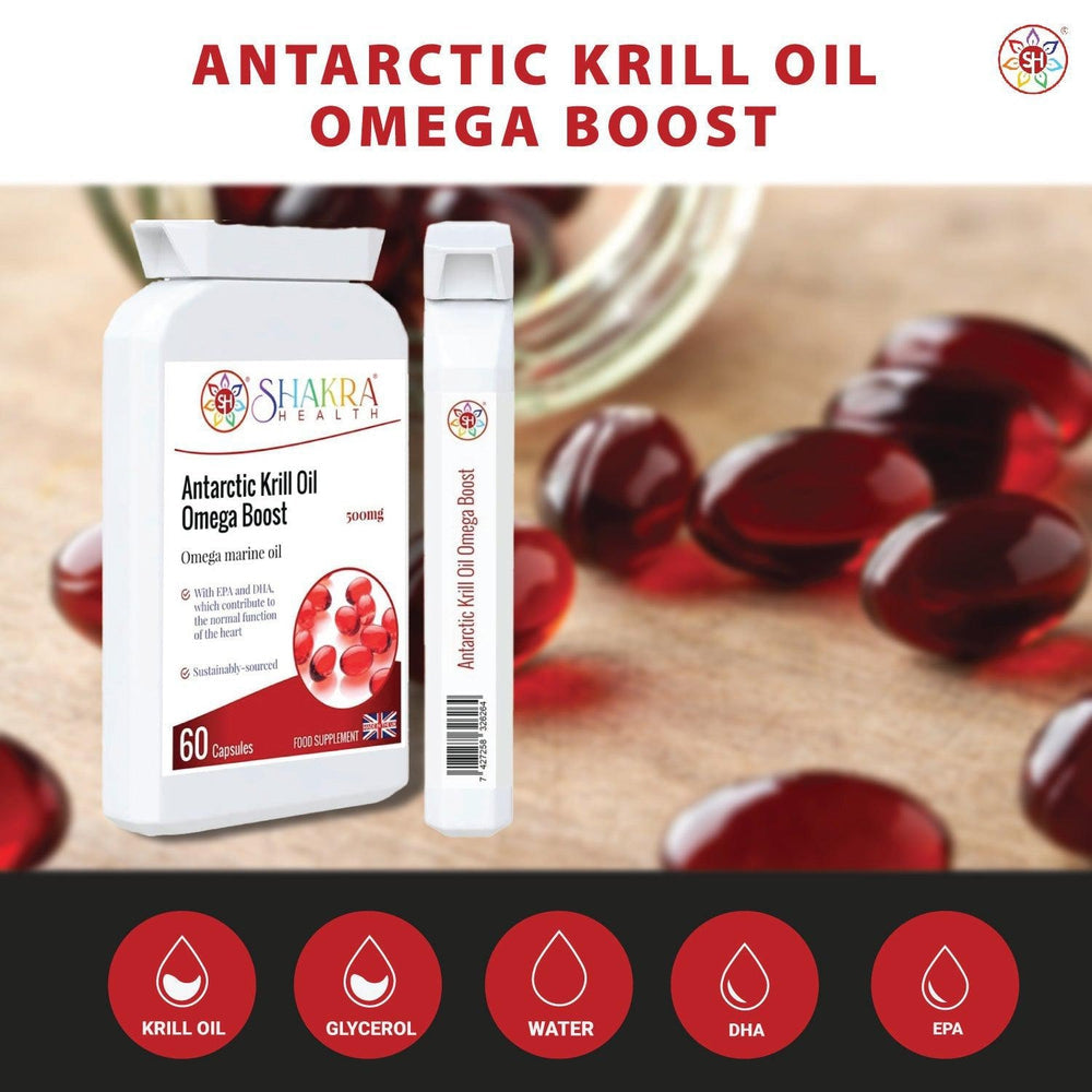 Buy Antarctic Krill Oil Omega Boost Capsules - A Source of Omega 3 - Experience the ocean's bounty with Antarctic Krill Oil Omega Boost Capsules. Packed with essential omega-3 fatty acids, this supplement may support heart health, brain function, and joint comfort. Our pure krill oil formula offers potential absorption benefits compared to traditional fish oil. at Sacred Remedy Online