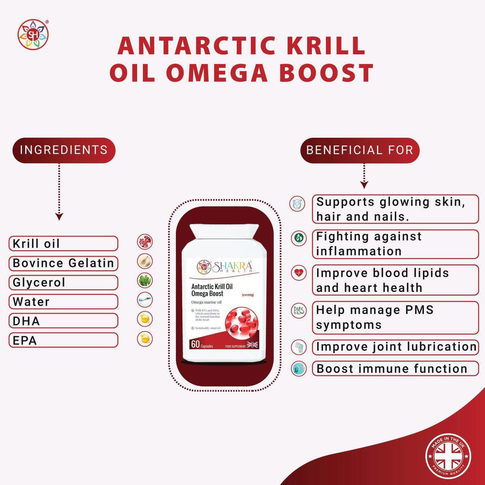 Buy Antarctic Krill Oil Omega Boost Capsules - A Source of Omega 3 - Experience the ocean's bounty with Antarctic Krill Oil Omega Boost Capsules. Packed with essential omega-3 fatty acids, this supplement may support heart health, brain function, and joint comfort. Our pure krill oil formula offers potential absorption benefits compared to traditional fish oil. at Sacred Remedy Online