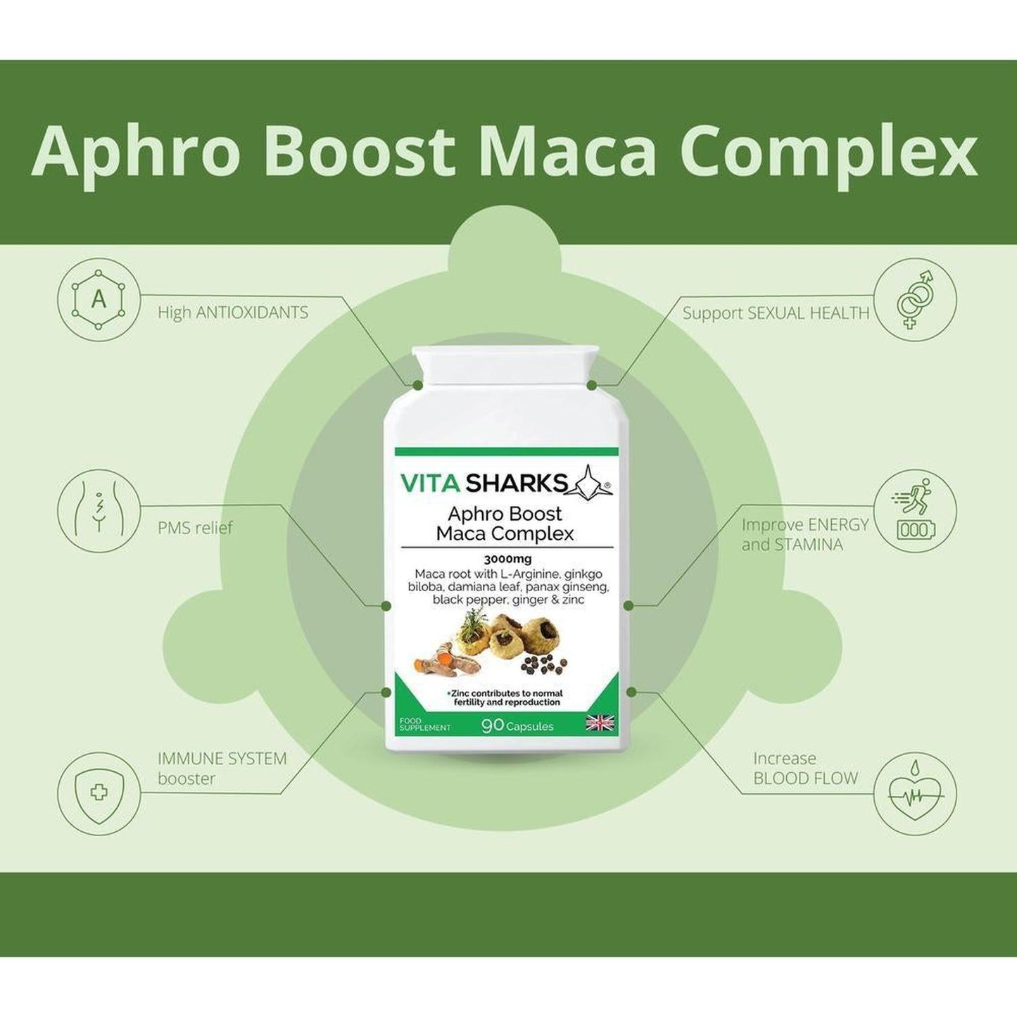 Maca Vegan 90 capsules | Vita Sharks Quality UK Health Supplements - Boost your energy and well-being with Vita Sharks Vegan Maca Capsules. Our high-quality, plant-based formula delivers the benefits of maca root for a natural energy boost. Experience improved vitality, stamina, and overall health. Perfect for vegans and vegetarians. Buy Now at Sacred Remedy